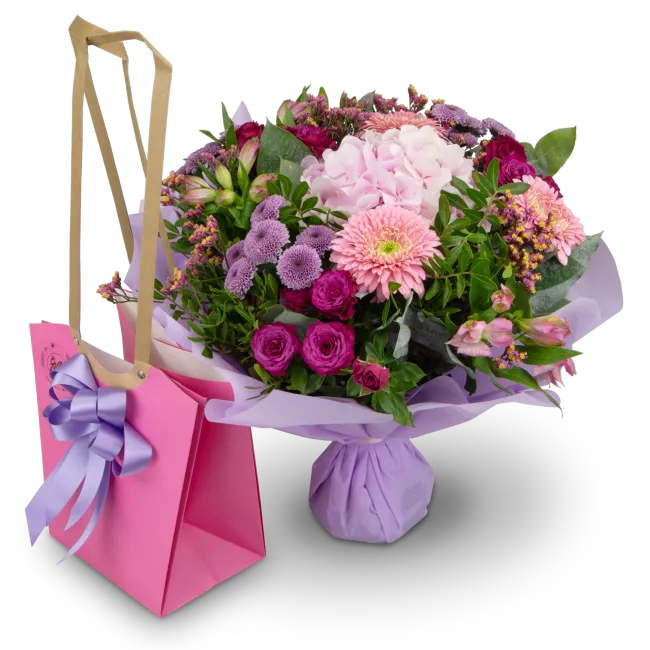 Bouquet of hydrangeas and germini in water packaging